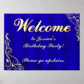 Elegant Gold en Blue Birthday Welcome Sign Poster (Voorkant)