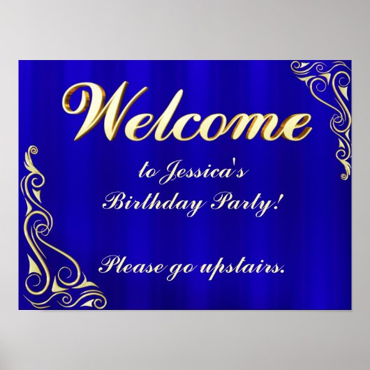 Elegant Gold en Blue Birthday Welcome Sign Poster (Voorkant)