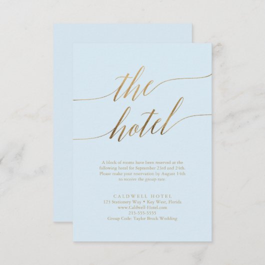 Elegant Gold en Blue Calligraphy Hotel Informatiekaartje (Voorkant / Achterkant)
