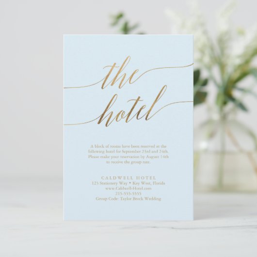 Elegant Gold en Blue Calligraphy Hotel Informatiekaartje (Staand voorkant)