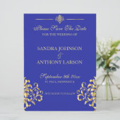 Elegant Gold en Blue Damask slaan de datum op Save The Date (Staand voorkant)