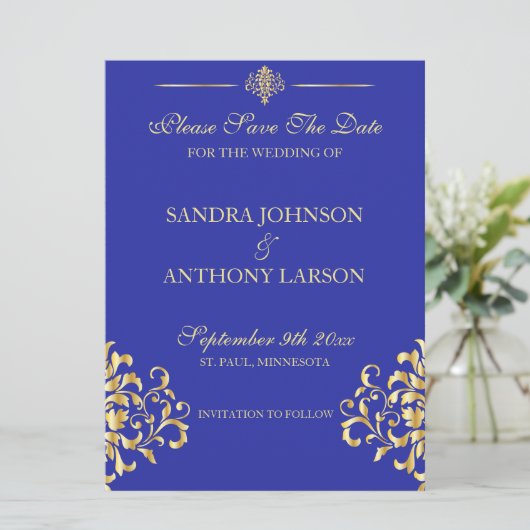 Elegant Gold en Blue Damask slaan de datum op Save The Date (Staand voorkant)