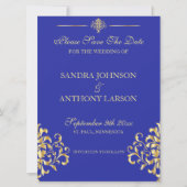 Elegant Gold en Blue Damask slaan de datum op Save The Date (Voorkant)