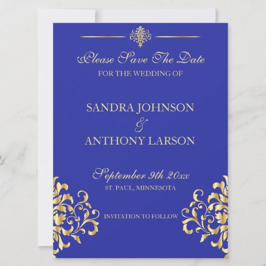 Elegant Gold en Blue Damask slaan de datum op Save The Date (Voorkant)