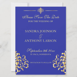 Elegant Gold en Blue Damask slaan de datum op Save The Date