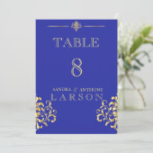 Elegant Gold- en Blue Damask-tabelnummers Kaart (Staand voorkant)