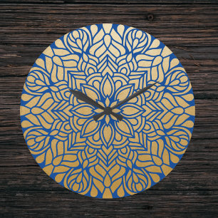 Elegant Gold en Blue Floral Mandala Grote Klok