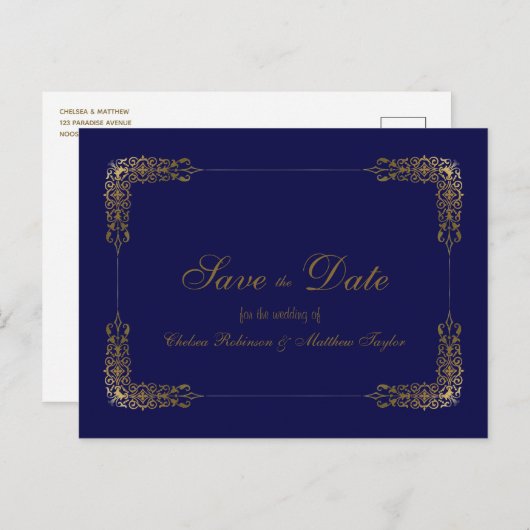Elegant Gold en Blue Lace Save the Date Briefkaart (Voorkant / Achterkant)