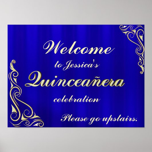 Elegant Gold en Blue Quinceanera Welcome Sign. Poster (Voorkant)