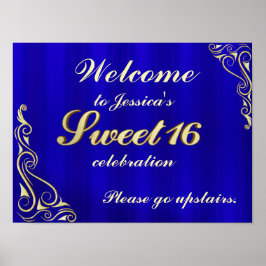 Elegant Gold en Blue Sweet 16 Welkomstteken Poster