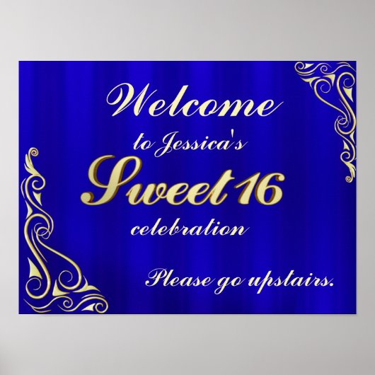 Elegant Gold en Blue Sweet 16 Welkomstteken Poster (Voorkant)