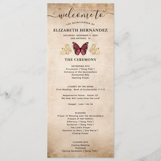 Elegant Gold en Bourgondië Quince Butterfly Progra Programmakaart (Voorkant)