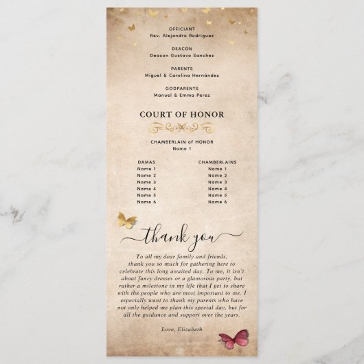 Elegant Gold en Bourgondië Quince Butterfly Progra Programmakaart (Achterkant)