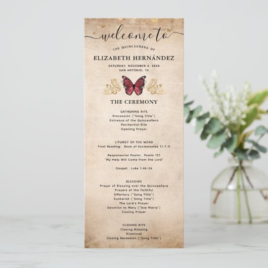 Elegant Gold en Bourgondië Quince Butterfly Progra Programmakaart (Staand voorkant)