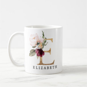 Elegant Gold en Burgundy Blush Flower Letter E Koffiemok
