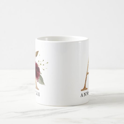 Elegant Gold en Burgundy Flower Letter A Koffiemok (Center)