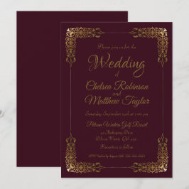 Elegant Gold en Burgundy Lace Wedding Invitation Kaart