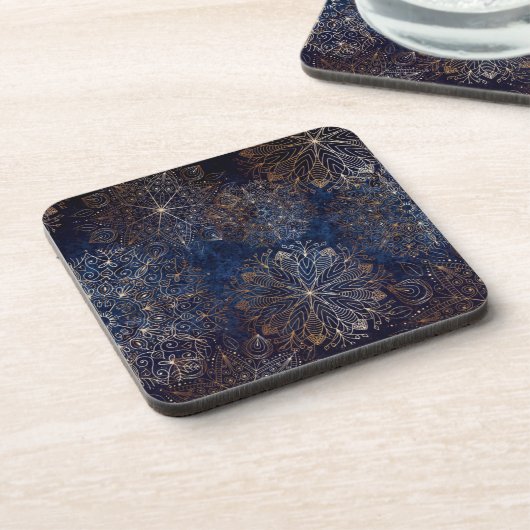 Elegant Gold en Dark Blue Floral Mandala Pattern Bier Onderzetter (Linkerzijde)