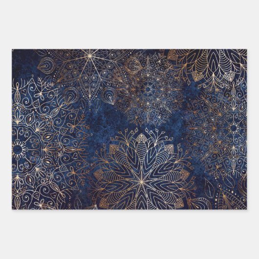 Elegant Gold en Dark Blue Floral Mandala Pattern Inpakpapier Vel (Voorkant)
