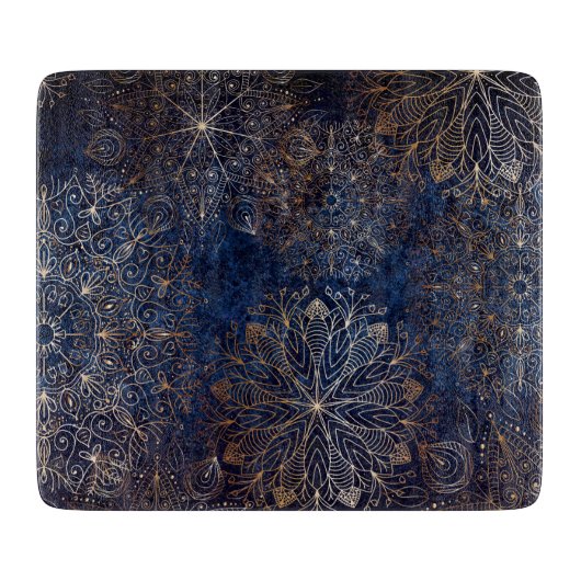 Elegant Gold en Dark Blue Floral Mandala Pattern Snijplank (Voorkant)
