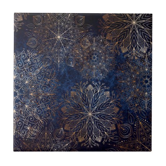 Elegant Gold en Dark Blue Floral Mandala Pattern Tegeltje (Voorkant)