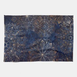 Elegant Gold en Dark Blue Floral Mandala Pattern Theedoek
