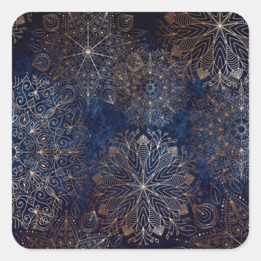 Elegant Gold en Dark Blue Floral Mandala Pattern Vierkante Sticker (Voorkant)