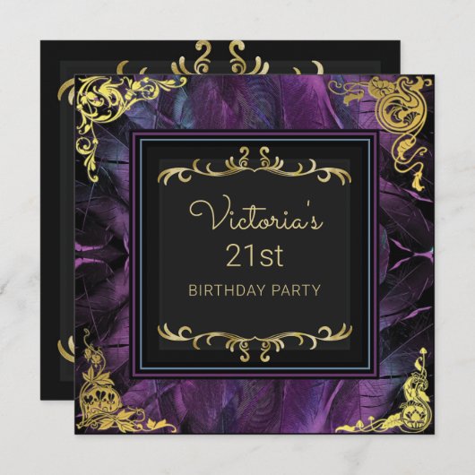 Elegant Gold en Feathers Birthday Invitation Kaart (Voorkant / Achterkant)