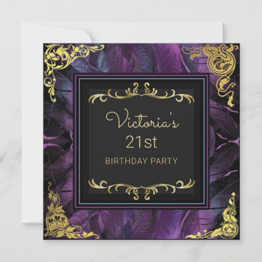 Elegant Gold en Feathers Birthday Invitation Kaart (Voorkant)