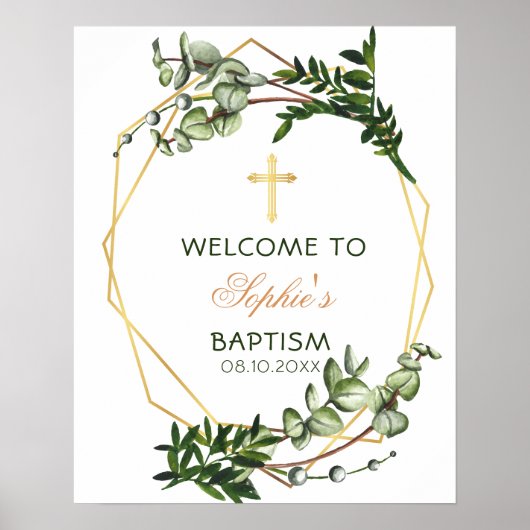 Elegant Gold en Green Botanical Baptism Welkom Poster (Voorkant)