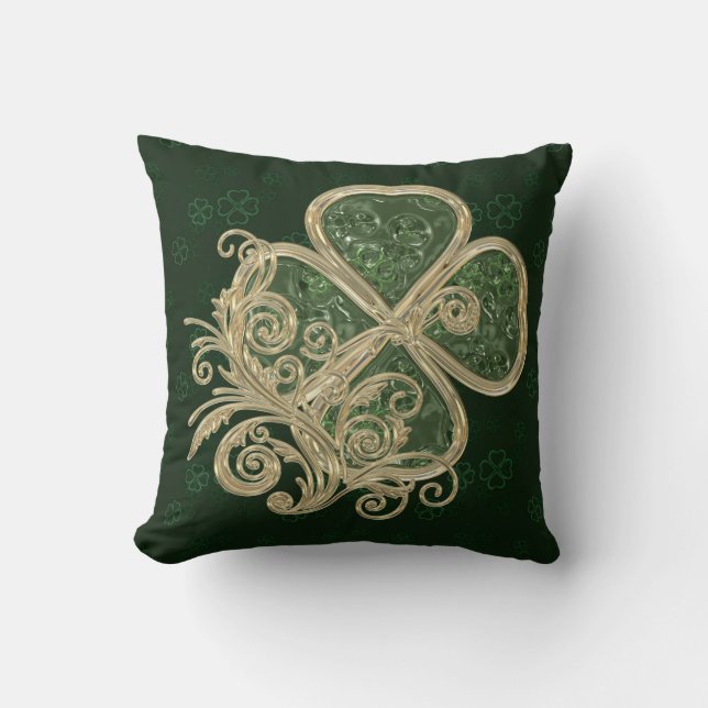 Elegant Gold en Green Clover Brooch Kussen (Voorkant)