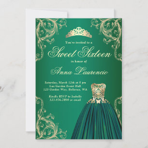 Elegant Gold en Green Sweet 16 Birthday Party Kaart