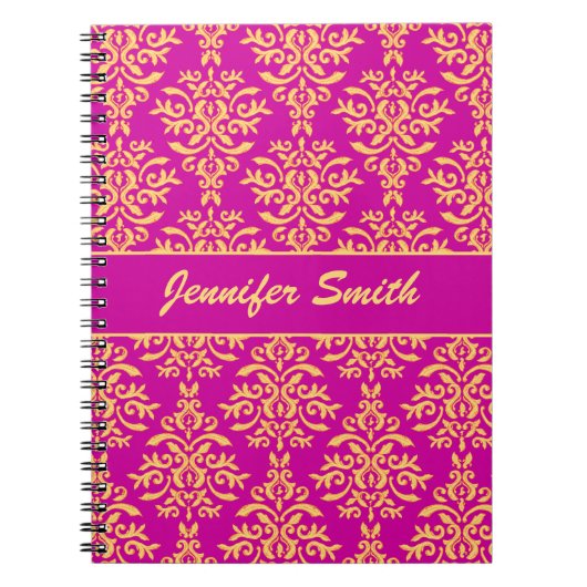 Elegant Gold en hot-roze magenta Damask Notitieboek (Voorkant)