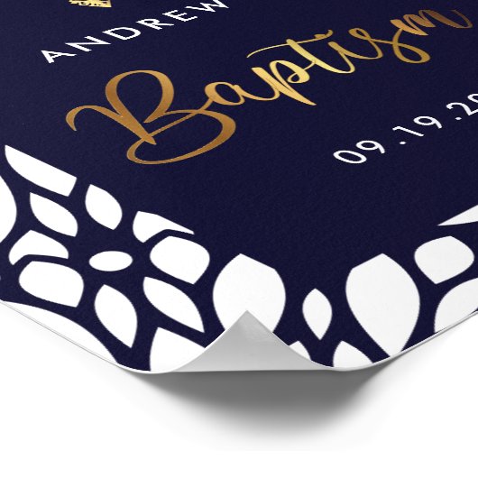 Elegant Gold en Navy Blue Boy Baptism Welkom Poster (Hoek)