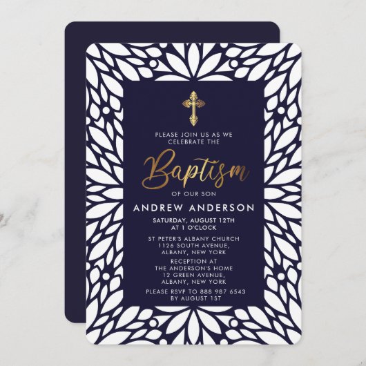 Elegant Gold en Navy Blue Boy Baptisme Kaart (Voorkant / Achterkant)
