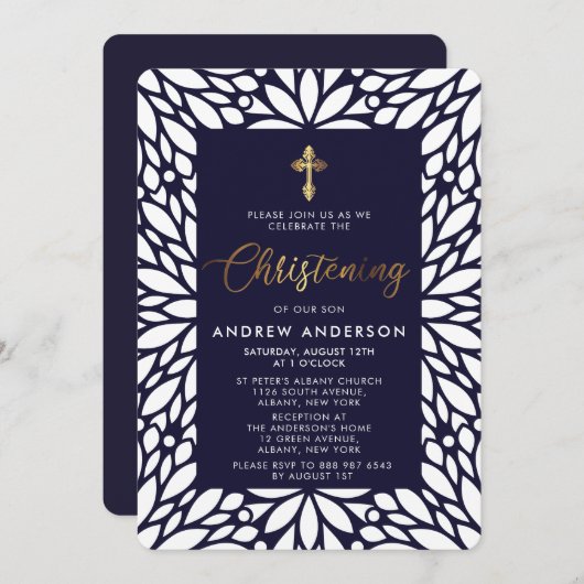 Elegant Gold en Navy Blue Boy Christening Kaart (Voorkant / Achterkant)
