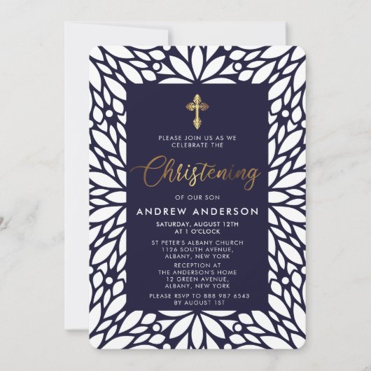 Elegant Gold en Navy Blue Boy Christening Kaart (Voorkant)