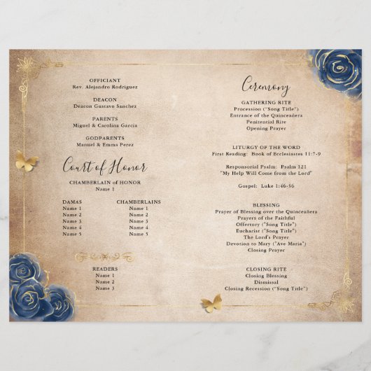 Elegant Gold en Navy Blue Quinceanera Programma (Achterkant)
