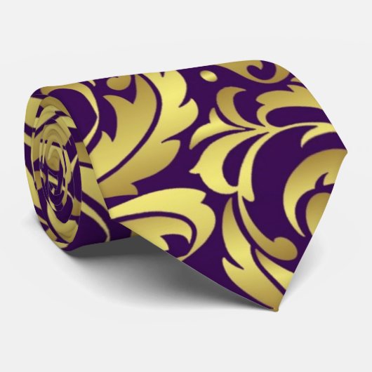 Elegant Gold en Paars Damask Vaderdag Stropdas (Opgerold)