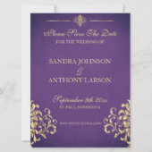 Elegant Gold en Paarse Damask bewaren de datum Save The Date (Voorkant)