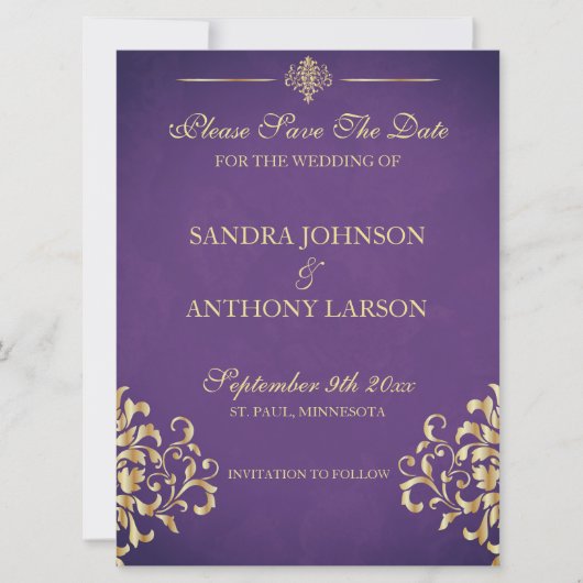 Elegant Gold en Paarse Damask bewaren de datum Save The Date (Voorkant)