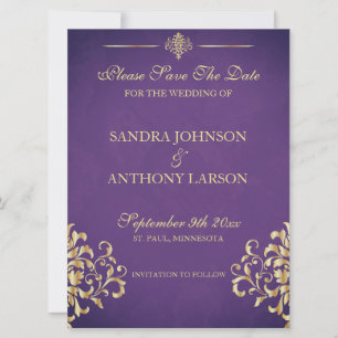 Elegant Gold en Paarse Damask bewaren de datum Save The Date