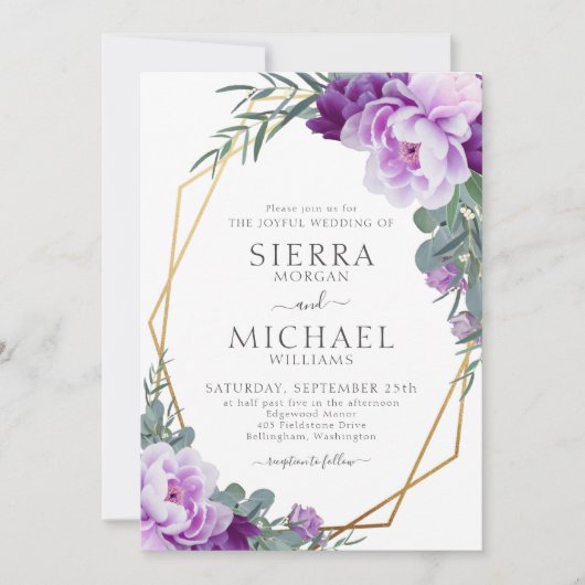 Elegant Gold en Paarse Floral Eucalyptus Wedding Kaart (Voorkant)