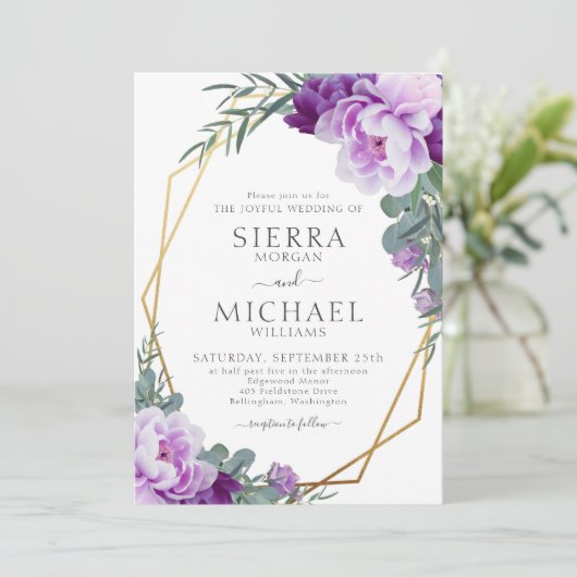 Elegant Gold en Paarse Floral Eucalyptus Wedding Kaart (Staand voorkant)