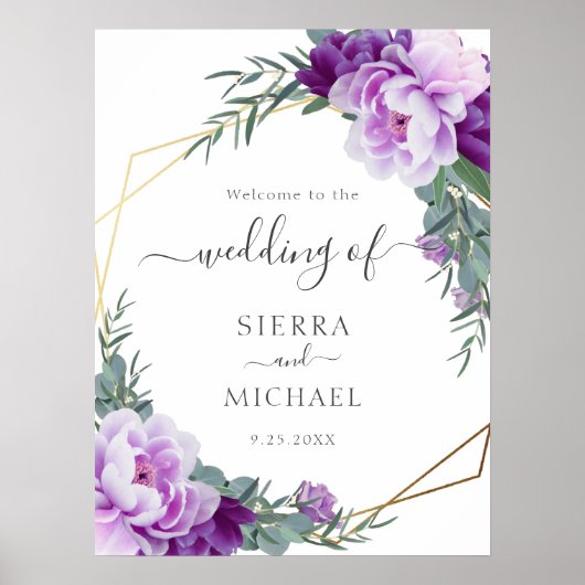 Elegant Gold en Paarse Floral Eucalyptus Wedding Poster (Voorkant)