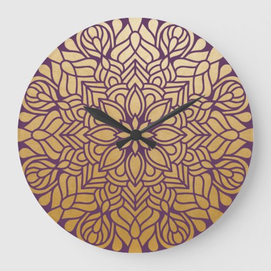 Elegant Gold en Paarse Floral Mandala Grote Klok (Voorkant)