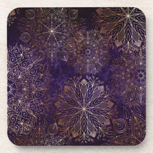Elegant Gold en Paarse Floral Mandala Pattern Bier Onderzetter (Voorkant)