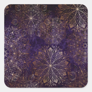 Elegant Gold en Paarse Floral Mandala Pattern Vierkante Sticker