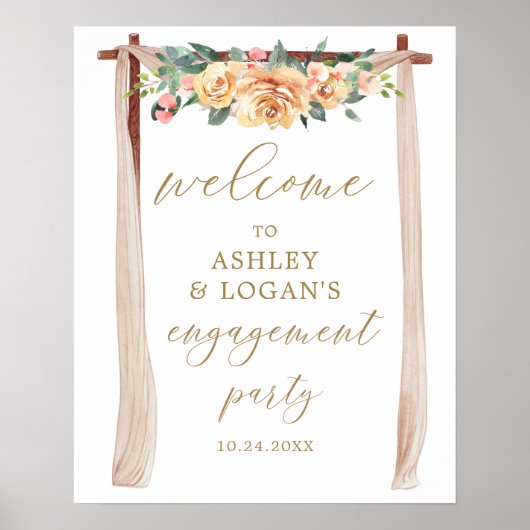 Elegant Gold en Peach Floral Engagement Party Poster (Voorkant)
