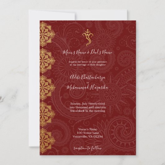 Elegant Gold en Red Ganesha Indian Wedding Kaart (Voorkant)